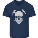 Rock Climbing Skull Mountain Climber Mens V-Neck Cotton T-Shirt Navy Blue