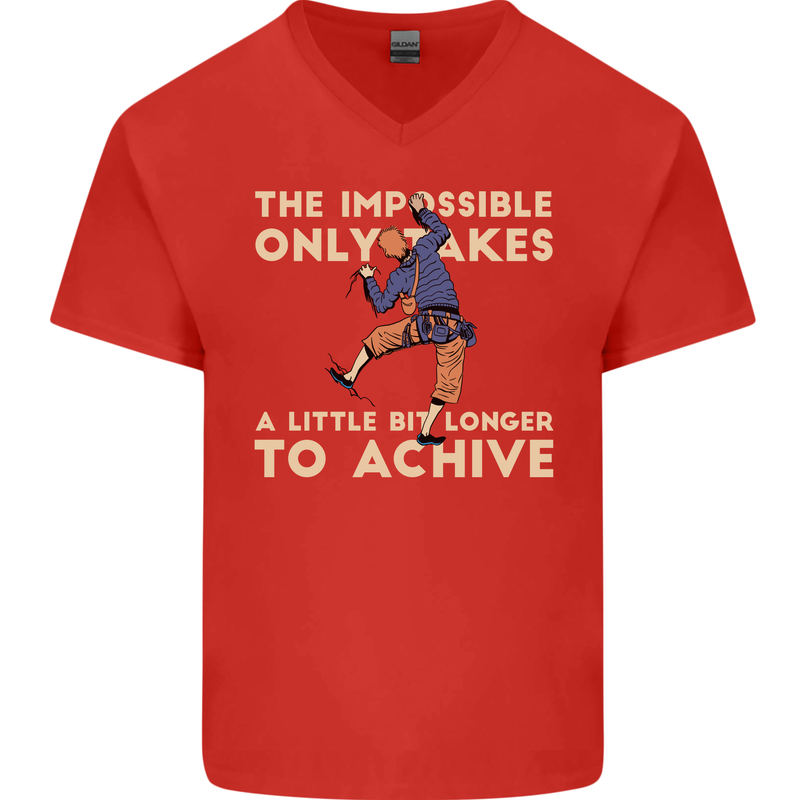 Rock Climbing the Impossible Funny Climber Mens V-Neck Cotton T-Shirt Red