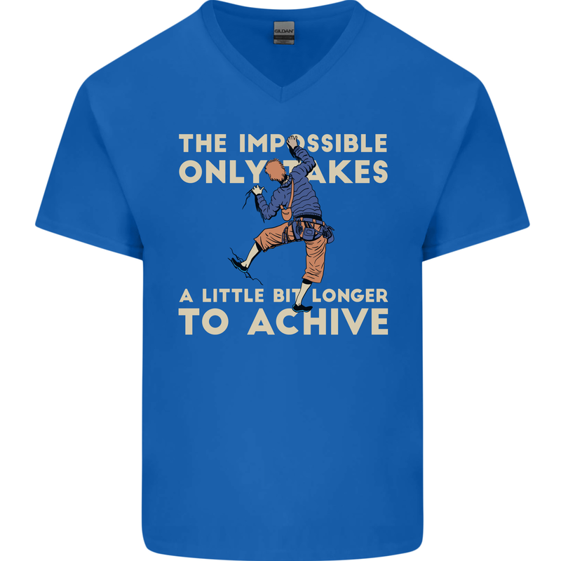Rock Climbing the Impossible Funny Climber Mens V-Neck Cotton T-Shirt Royal Blue