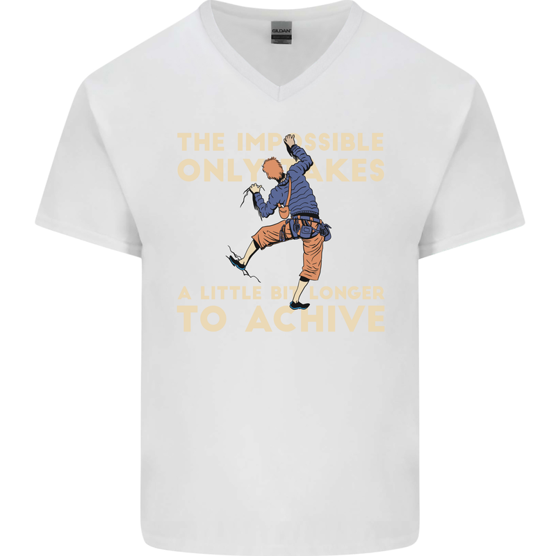 Rock Climbing the Impossible Funny Climber Mens V-Neck Cotton T-Shirt White