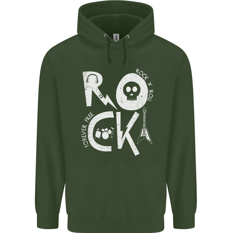 Rock Music Symbols Guitar Skull Childrens Kids Hoodie Forest Green