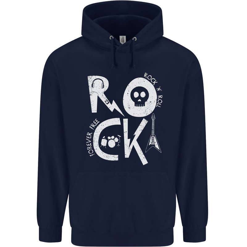 Rock Music Symbols Guitar Skull Childrens Kids Hoodie Navy Blue