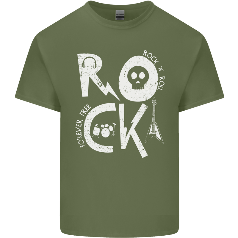 Rock Music Symbols Guitar Skull Mens Cotton T-Shirt Tee Top Military Green