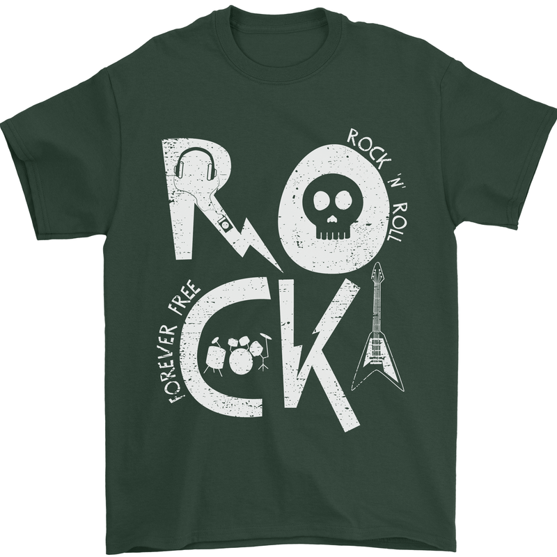 Rock Music Symbols Guitar Skull Mens T-Shirt 100% Cotton Forest Green