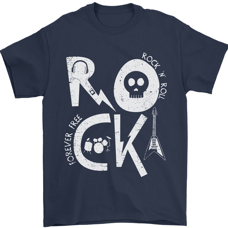 Rock Music Symbols Guitar Skull Mens T-Shirt 100% Cotton Navy Blue