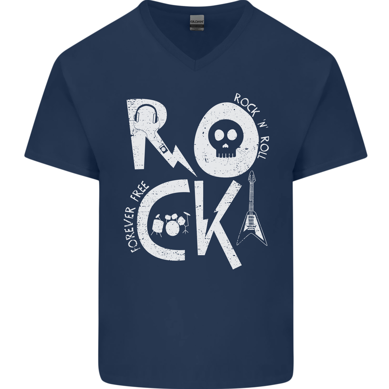 Rock Music Symbols Guitar Skull Mens V-Neck Cotton T-Shirt Navy Blue