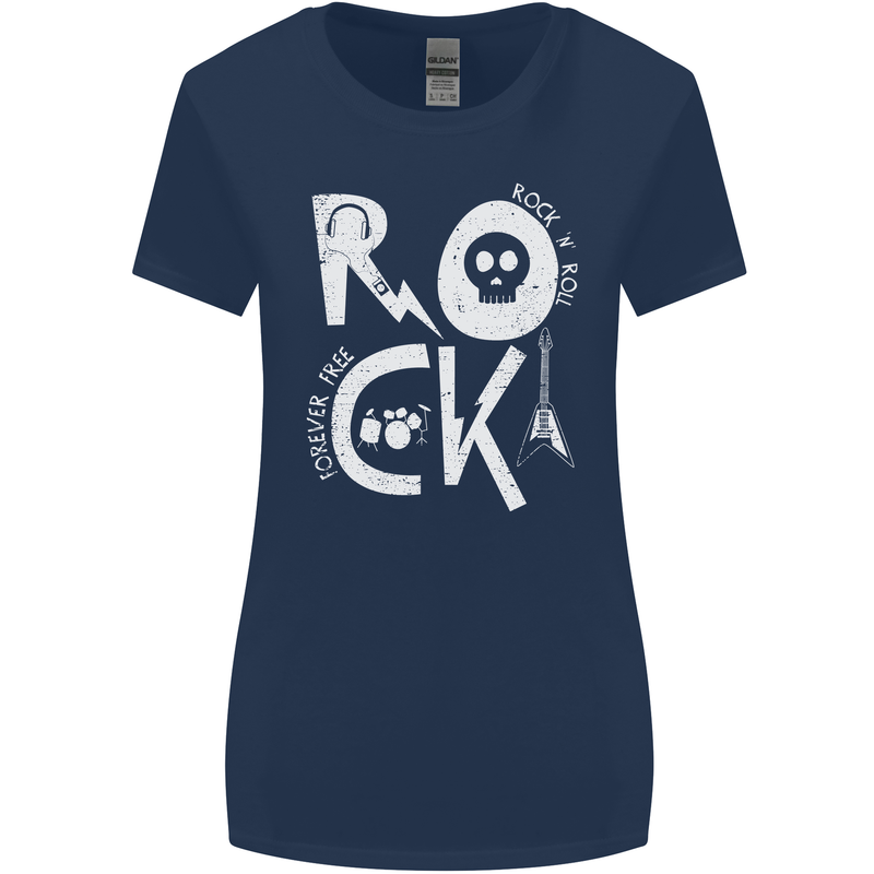 Rock Music Symbols Guitar Skull Womens Wider Cut T-Shirt Navy Blue