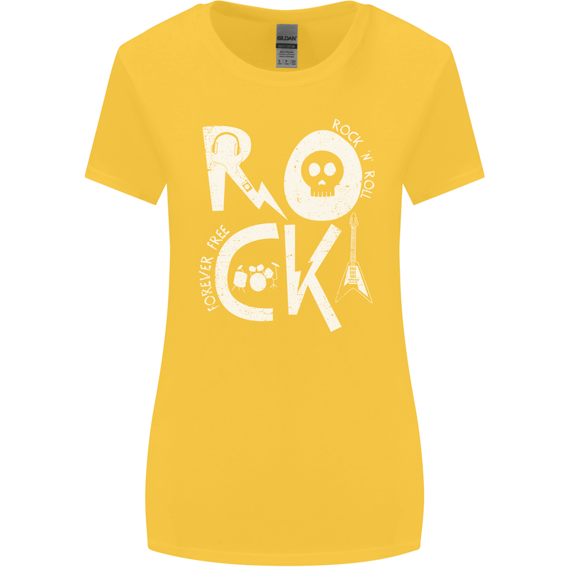 Rock Music Symbols Guitar Skull Womens Wider Cut T-Shirt Yellow