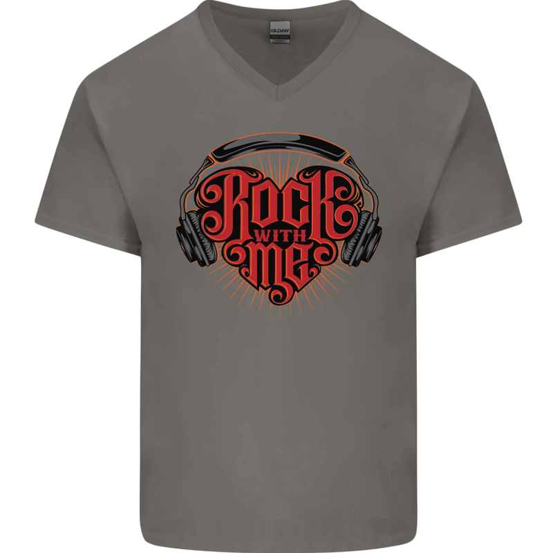 Rock With Me Heavy Metal Music Guitar Mens V-Neck Cotton T-Shirt Charcoal