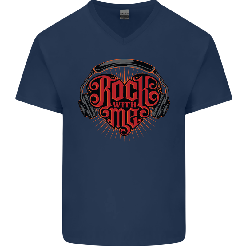 Rock With Me Heavy Metal Music Guitar Mens V-Neck Cotton T-Shirt Navy Blue
