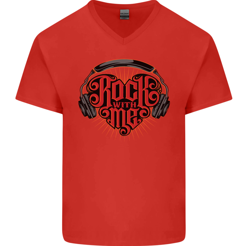 Rock With Me Heavy Metal Music Guitar Mens V-Neck Cotton T-Shirt Red