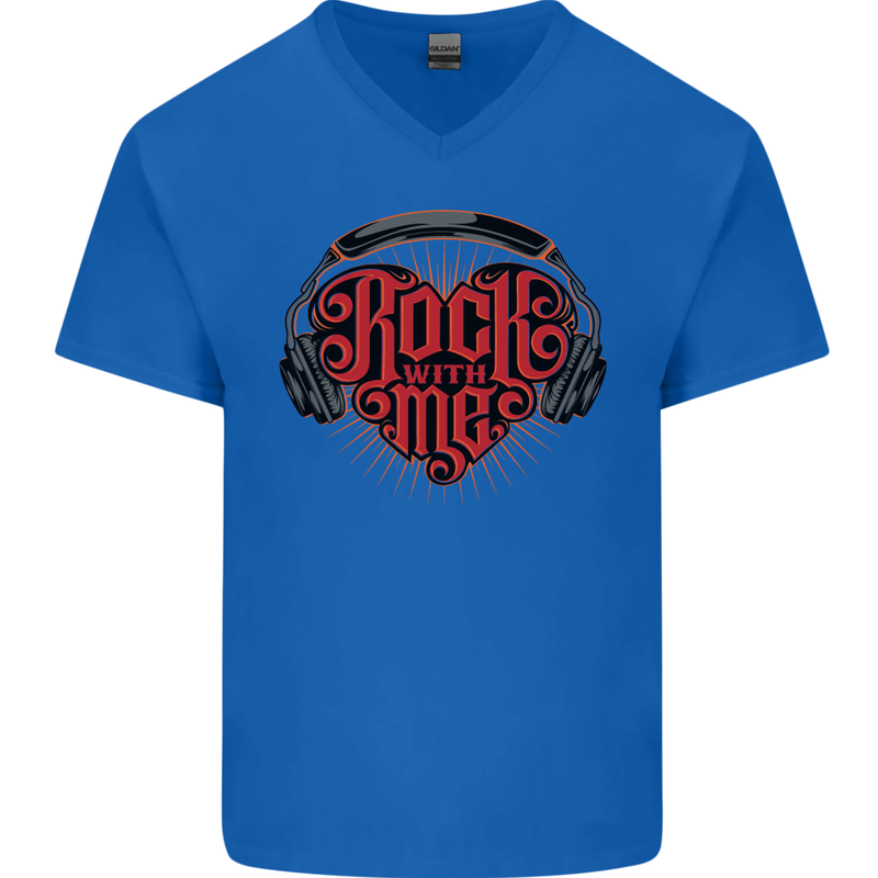 Rock With Me Heavy Metal Music Guitar Mens V-Neck Cotton T-Shirt Royal Blue
