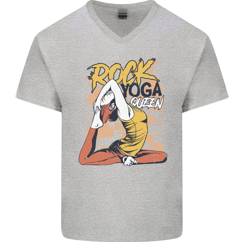 Rock Yoga Queen Mens V-Neck Cotton T-Shirt Sports Grey