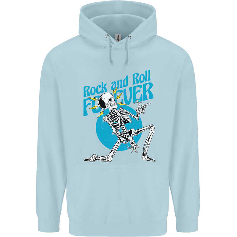 Rock & Roll Forever Air Guitar Skeleton Skull Childrens Kids Hoodie Light Blue