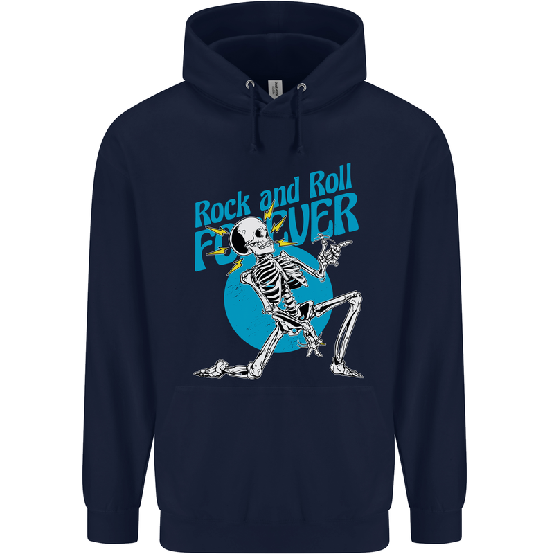 Rock & Roll Forever Air Guitar Skeleton Skull Childrens Kids Hoodie Navy Blue