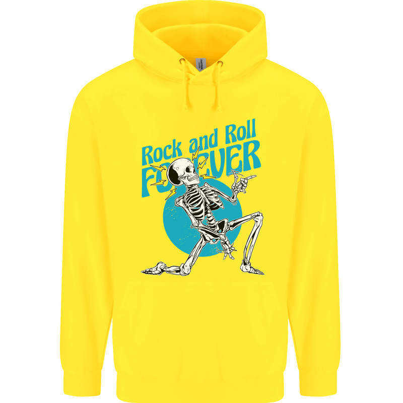 Rock & Roll Forever Air Guitar Skeleton Skull Childrens Kids Hoodie Yellow