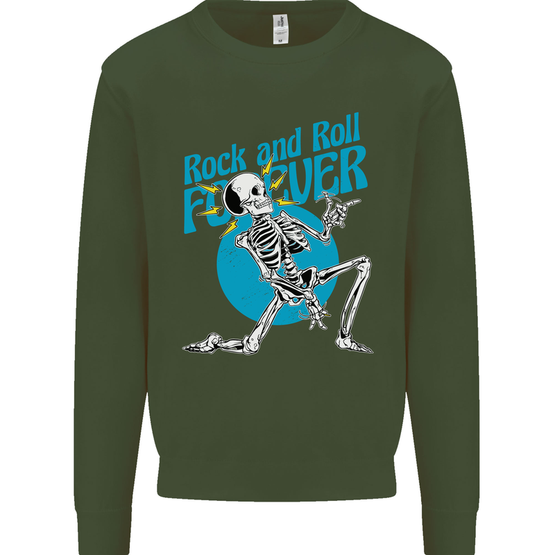 Rock & Roll Forever Air Guitar Skeleton Skull Kids Sweatshirt Jumper Forest Green