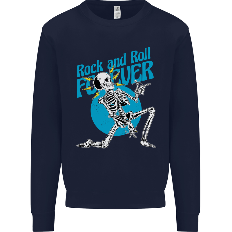 Rock & Roll Forever Air Guitar Skeleton Skull Kids Sweatshirt Jumper Navy Blue