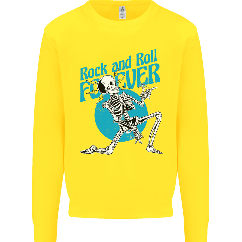 Rock & Roll Forever Air Guitar Skeleton Skull Kids Sweatshirt Jumper Yellow