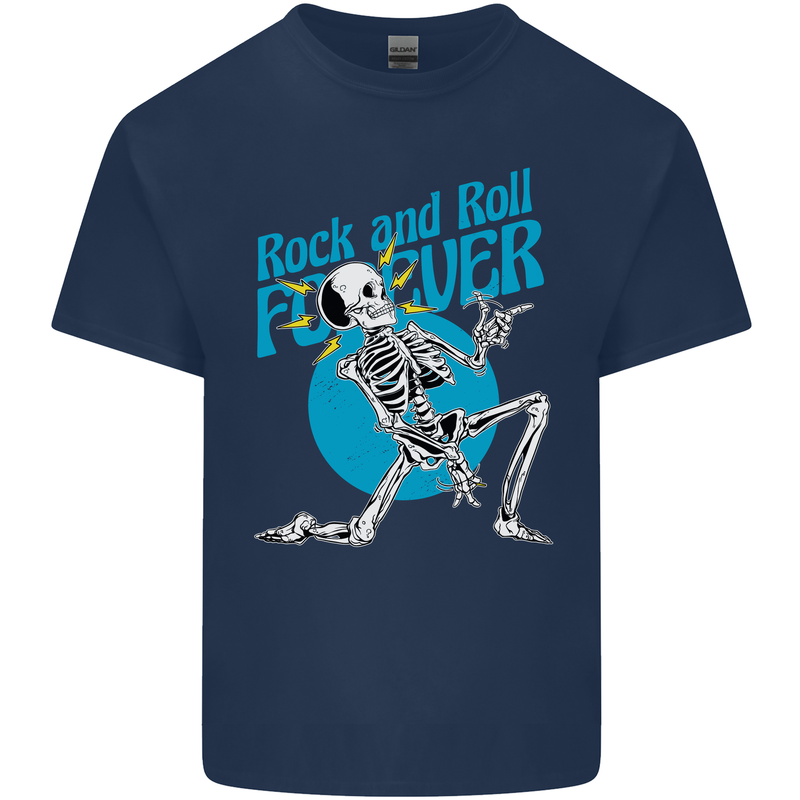 Rock & Roll Forever Air Guitar Skeleton Skull Kids T-Shirt Childrens Navy Blue