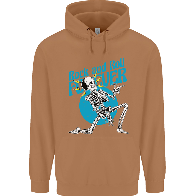 Rock & Roll Forever Air Guitar Skeleton Skull Mens 80% Cotton Hoodie Caramel Latte