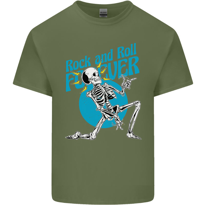 Rock & Roll Forever Air Guitar Skeleton Skull Mens Cotton T-Shirt Tee Top Military Green