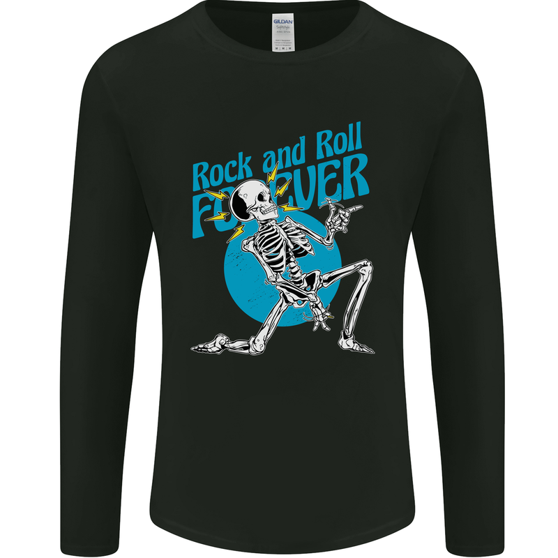 Rock & Roll Forever Air Guitar Skeleton Skull Mens Long Sleeve T-Shirt Black