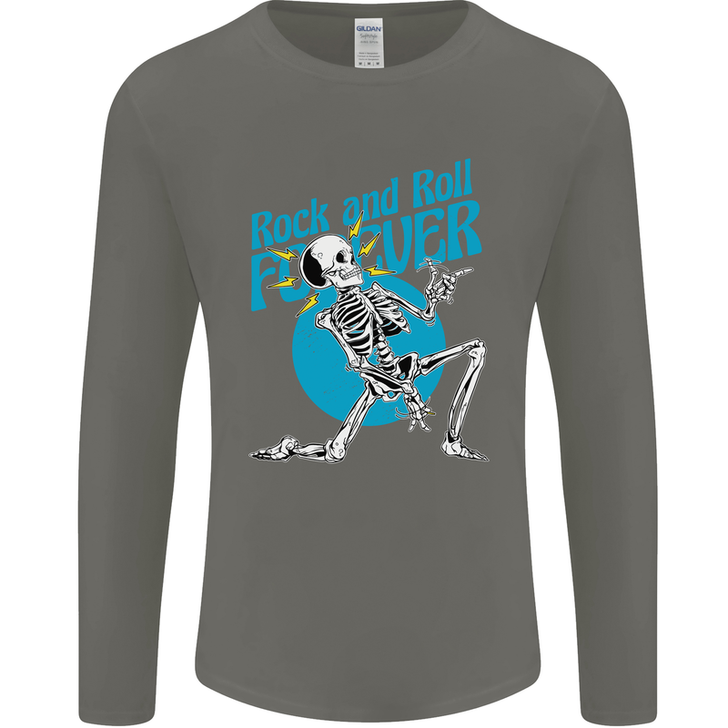 Rock & Roll Forever Air Guitar Skeleton Skull Mens Long Sleeve T-Shirt Charcoal