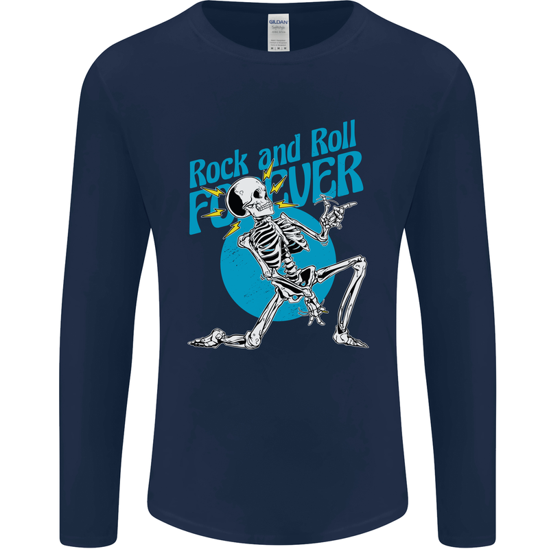 Rock & Roll Forever Air Guitar Skeleton Skull Mens Long Sleeve T-Shirt Navy Blue