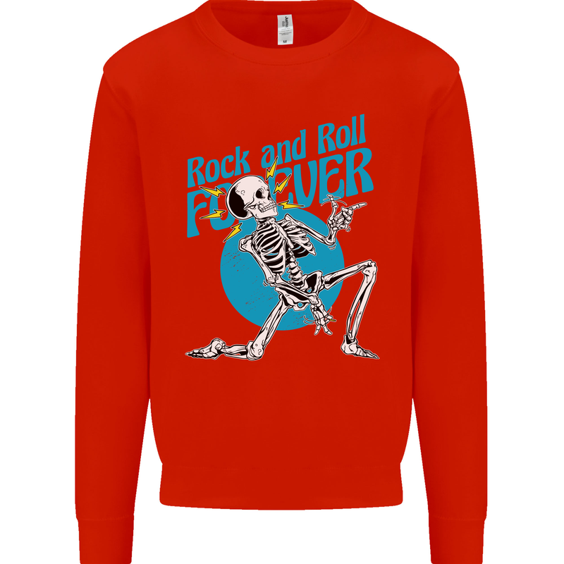 Rock & Roll Forever Air Guitar Skeleton Skull Mens Sweatshirt Jumper Bright Red