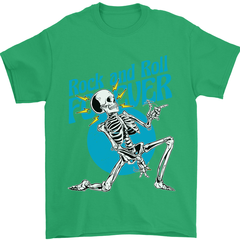 Rock & Roll Forever Air Guitar Skeleton Skull Mens T-Shirt 100% Cotton Irish Green