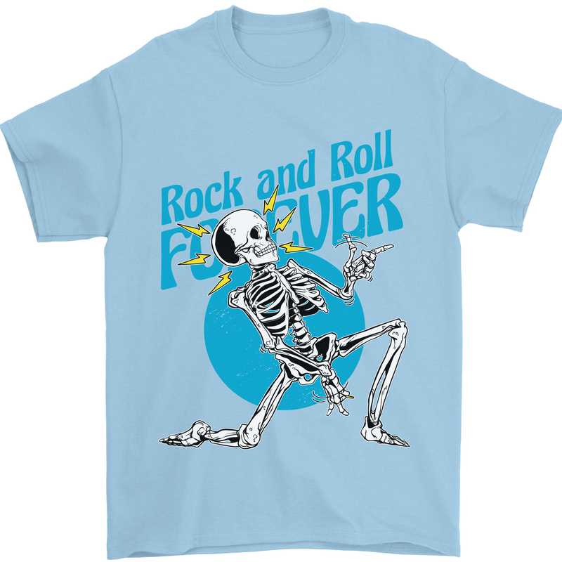 Rock & Roll Forever Air Guitar Skeleton Skull Mens T-Shirt 100% Cotton Light Blue