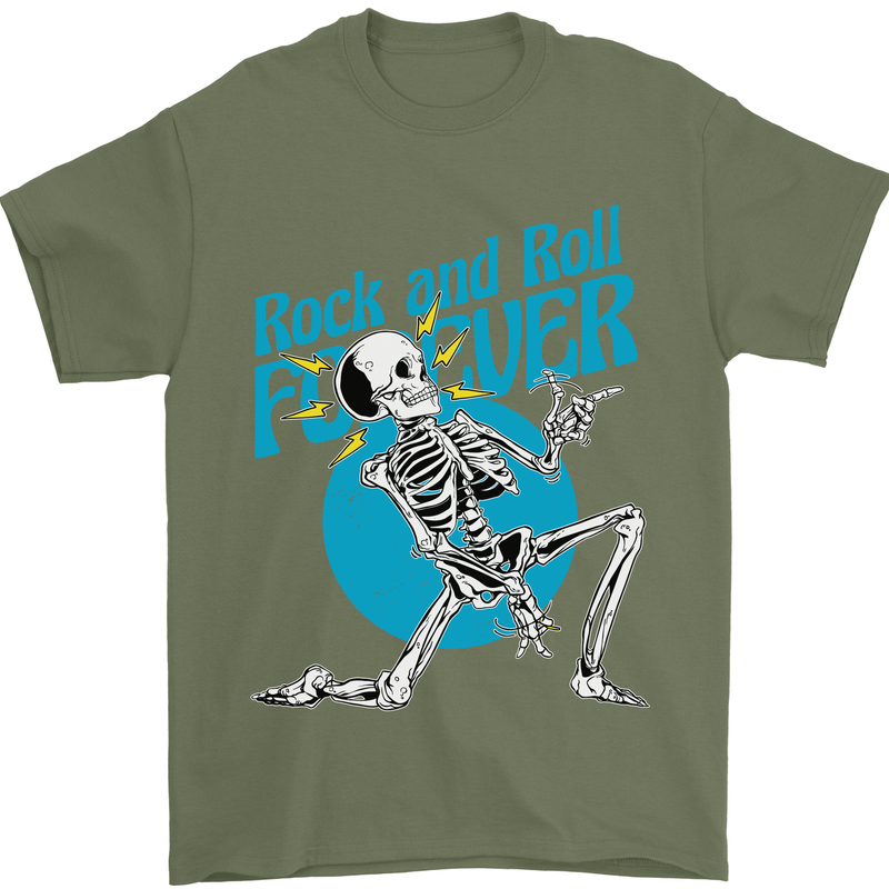 Rock & Roll Forever Air Guitar Skeleton Skull Mens T-Shirt 100% Cotton Military Green