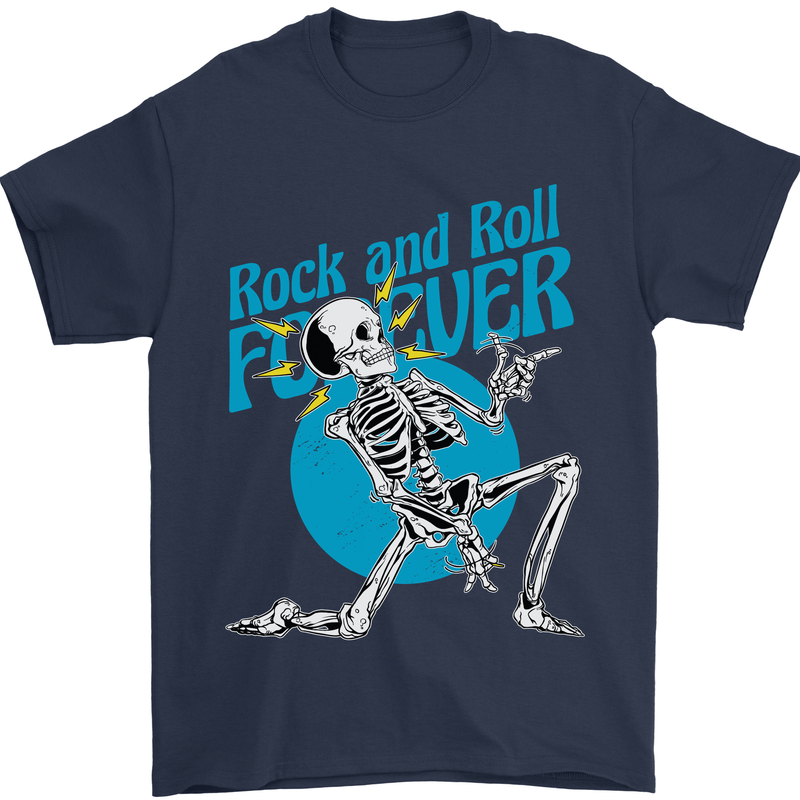 Rock & Roll Forever Air Guitar Skeleton Skull Mens T-Shirt 100% Cotton Navy Blue