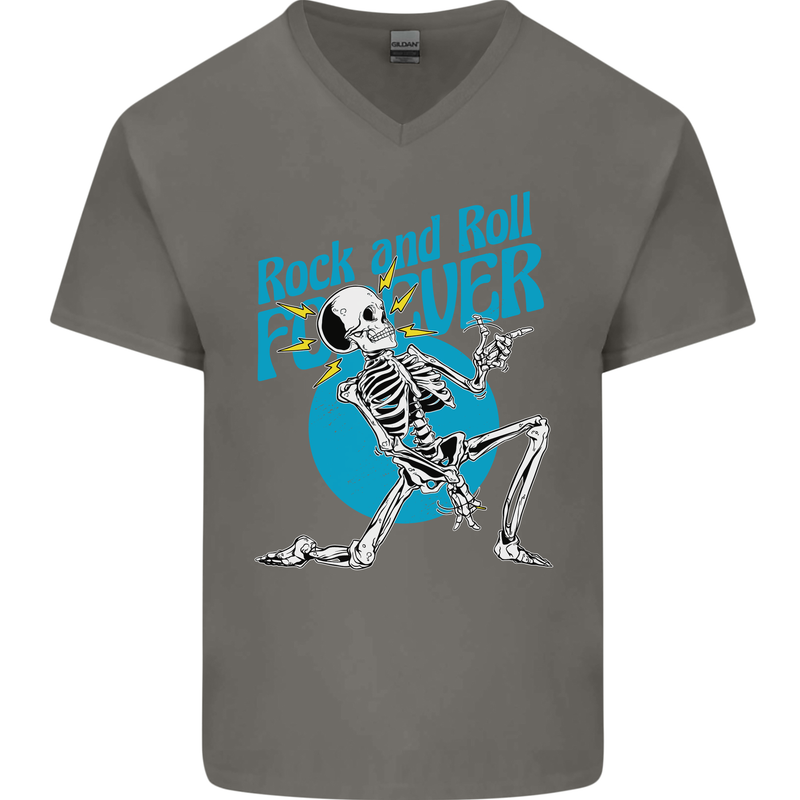 Rock & Roll Forever Air Guitar Skeleton Skull Mens V-Neck Cotton T-Shirt Charcoal