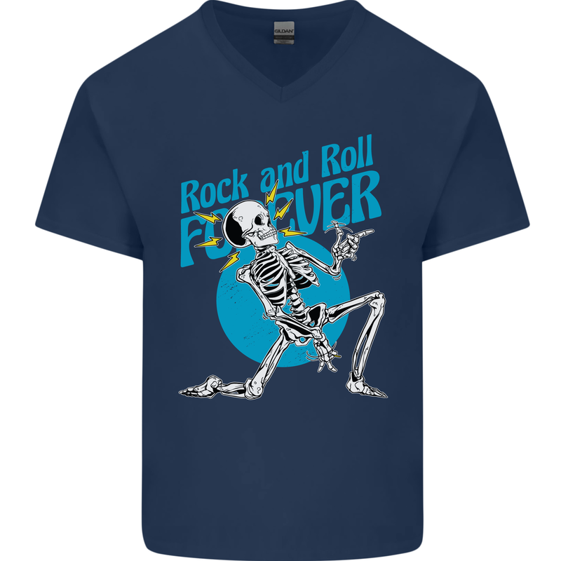 Rock & Roll Forever Air Guitar Skeleton Skull Mens V-Neck Cotton T-Shirt Navy Blue