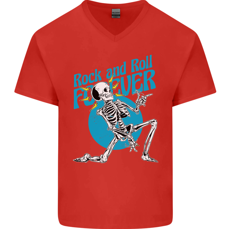 Rock & Roll Forever Air Guitar Skeleton Skull Mens V-Neck Cotton T-Shirt Red