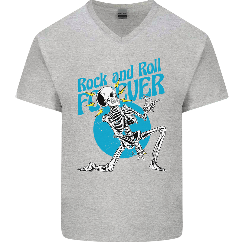 Rock & Roll Forever Air Guitar Skeleton Skull Mens V-Neck Cotton T-Shirt Sports Grey