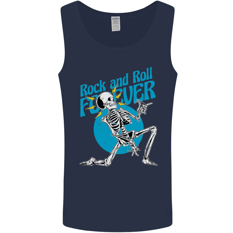 Rock & Roll Forever Air Guitar Skeleton Skull Mens Vest Tank Top Navy Blue