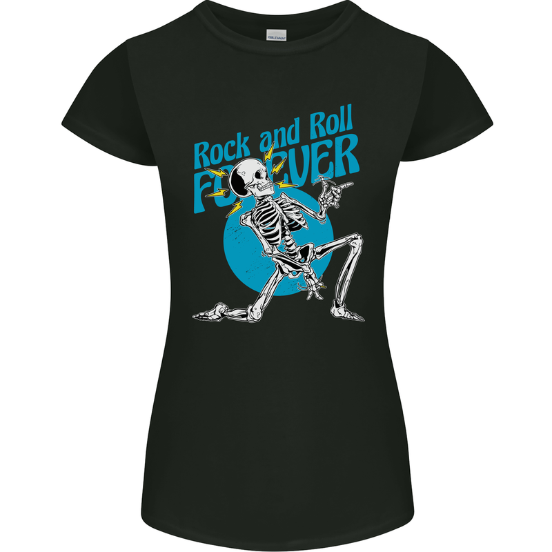 Rock & Roll Forever Air Guitar Skeleton Skull Womens Petite Cut T-Shirt Black