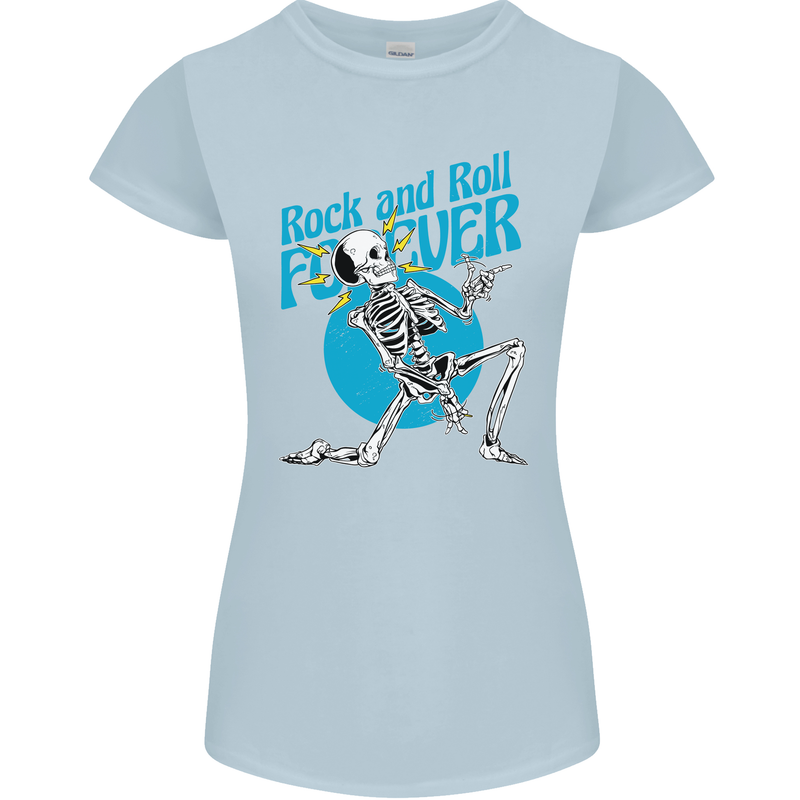 Rock & Roll Forever Air Guitar Skeleton Skull Womens Petite Cut T-Shirt Light Blue