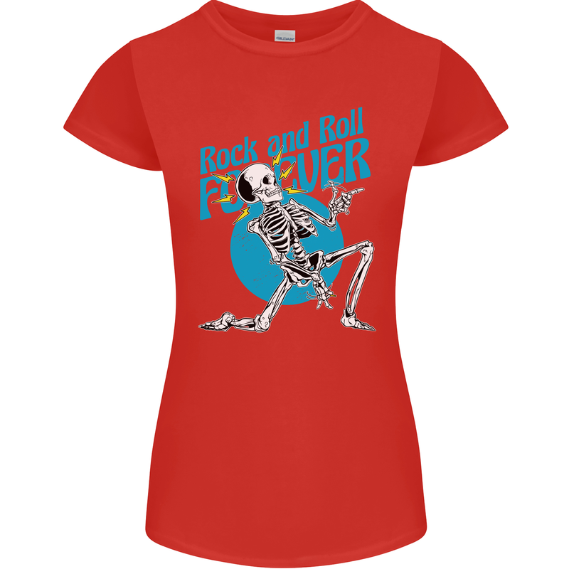 Rock & Roll Forever Air Guitar Skeleton Skull Womens Petite Cut T-Shirt Red