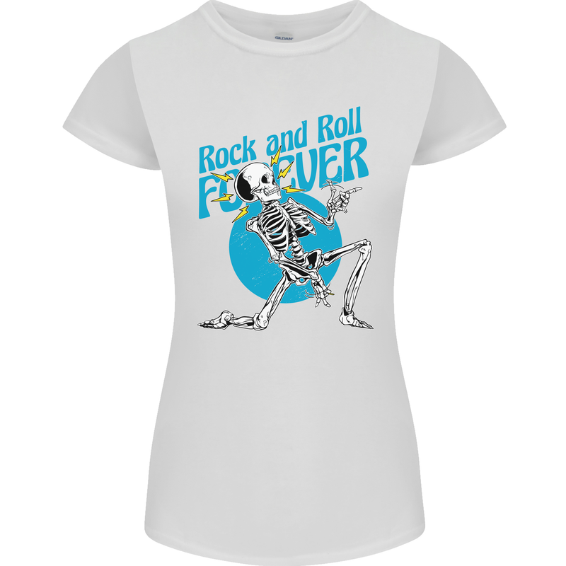 Rock & Roll Forever Air Guitar Skeleton Skull Womens Petite Cut T-Shirt White