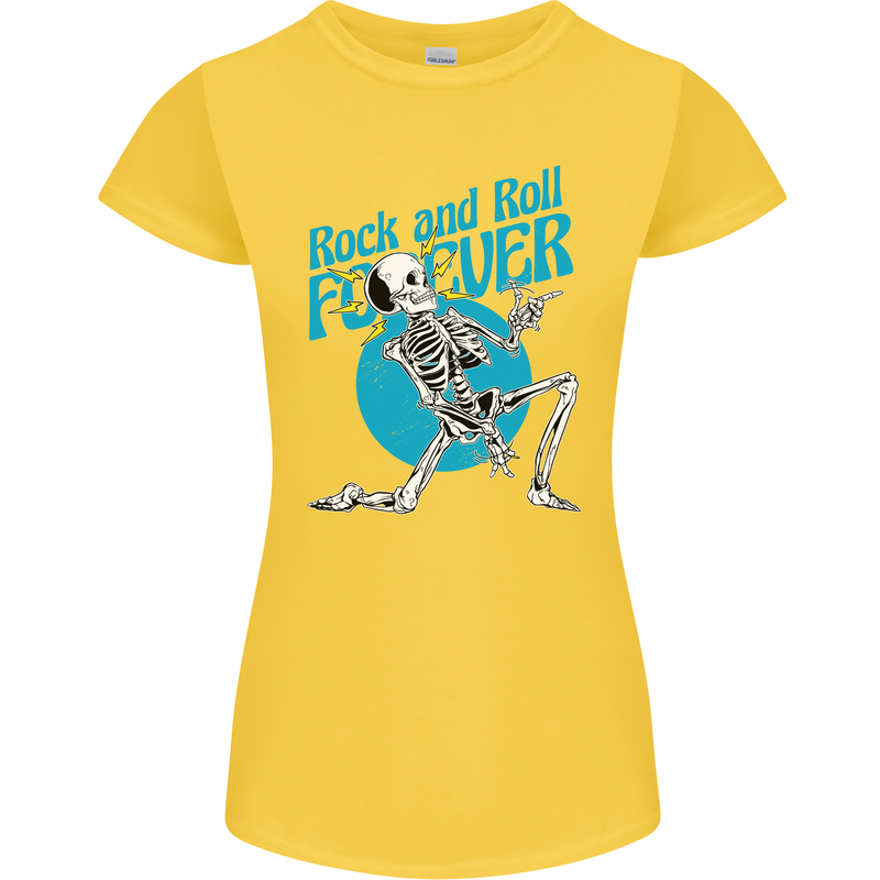 Rock & Roll Forever Air Guitar Skeleton Skull Womens Petite Cut T-Shirt Yellow