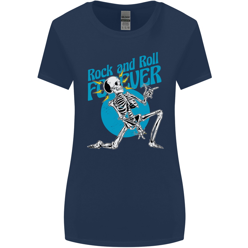 Rock & Roll Forever Air Guitar Skeleton Skull Womens Wider Cut T-Shirt Navy Blue