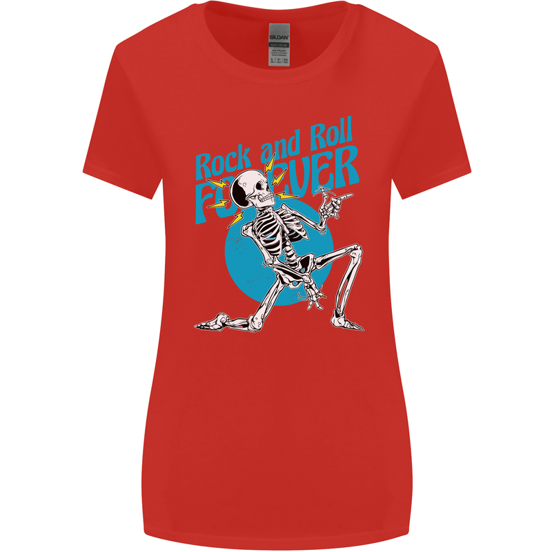 Rock & Roll Forever Air Guitar Skeleton Skull Womens Wider Cut T-Shirt Red