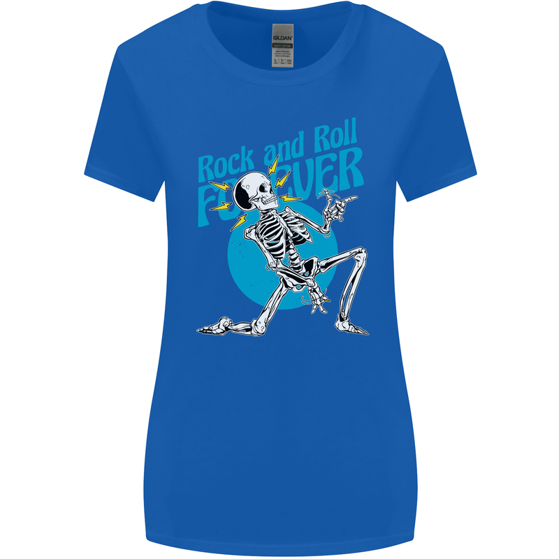 Rock & Roll Forever Air Guitar Skeleton Skull Womens Wider Cut T-Shirt Royal Blue