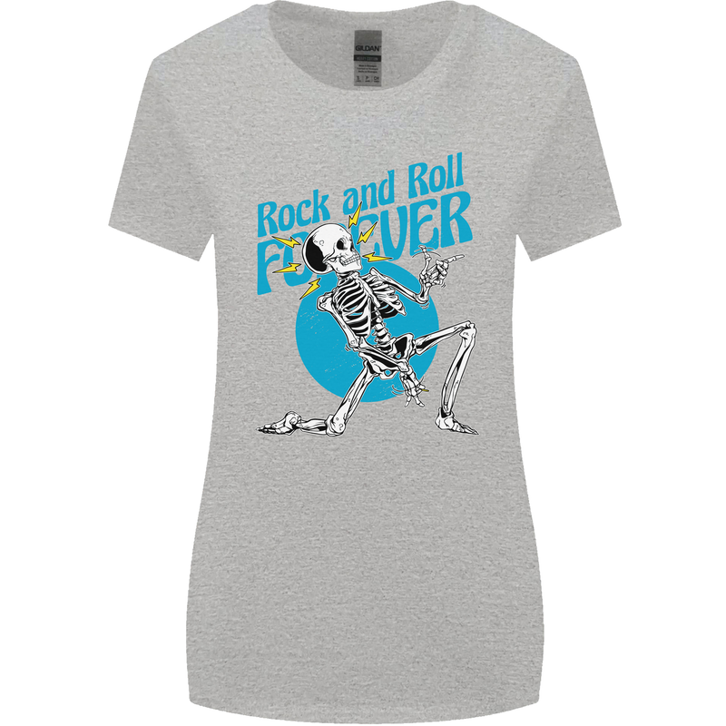 Rock & Roll Forever Air Guitar Skeleton Skull Womens Wider Cut T-Shirt Sports Grey