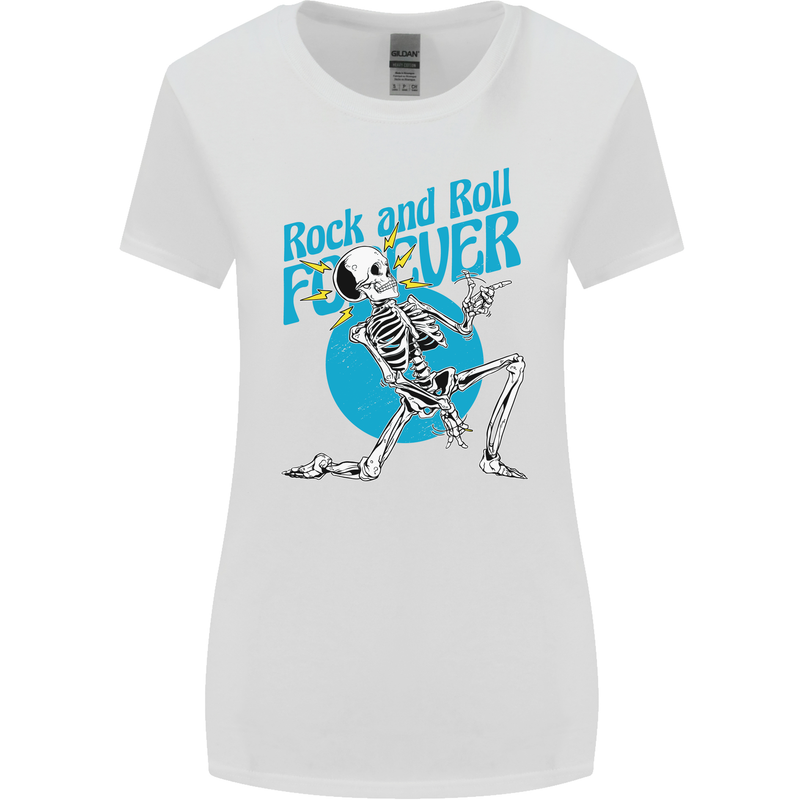 Rock & Roll Forever Air Guitar Skeleton Skull Womens Wider Cut T-Shirt White