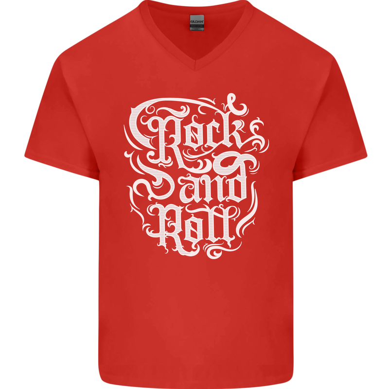 Rock and Roll Guitar Music Mens V-Neck Cotton T-Shirt Red